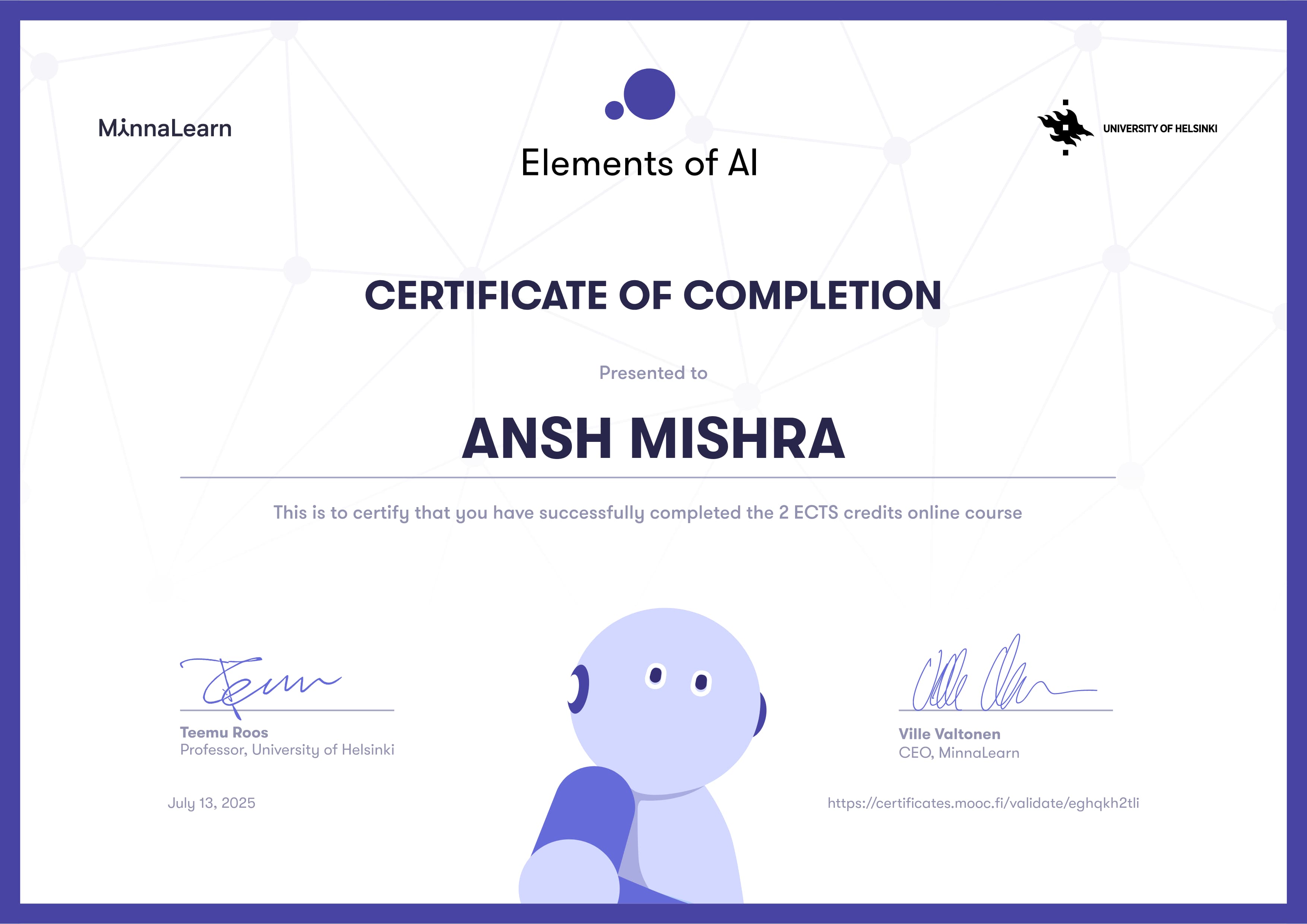 Elements of AI Certificate